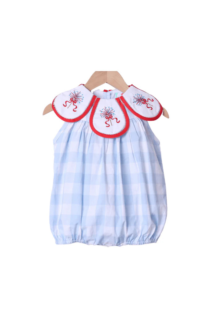 Embroidered Sparkler Blue Gingham Tulip Bubble | The Smocked Flamingo