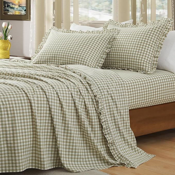 KKJIAF 3 Pieces Plaid Ruffle Twin Bed Sheets, Cotton Gingham Twin Sheet Set Linen Feel Comfy Brea... | Amazon (US)