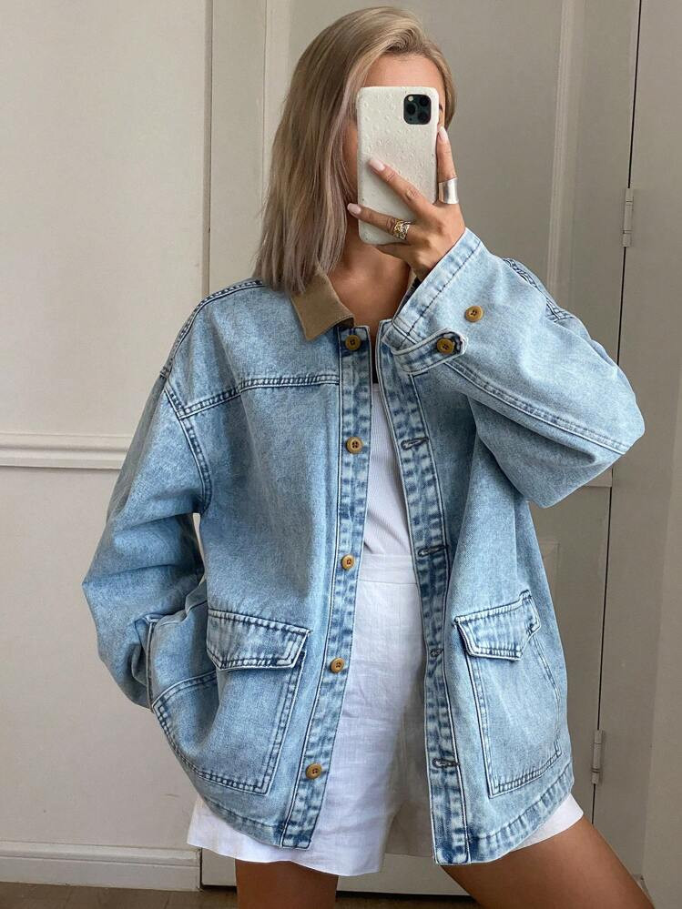 Livesso Women Contrast Color Collar Denim Jacket, Minimalist And Fashionable, Suitable For Summer,Back To School Clothes | SHEIN