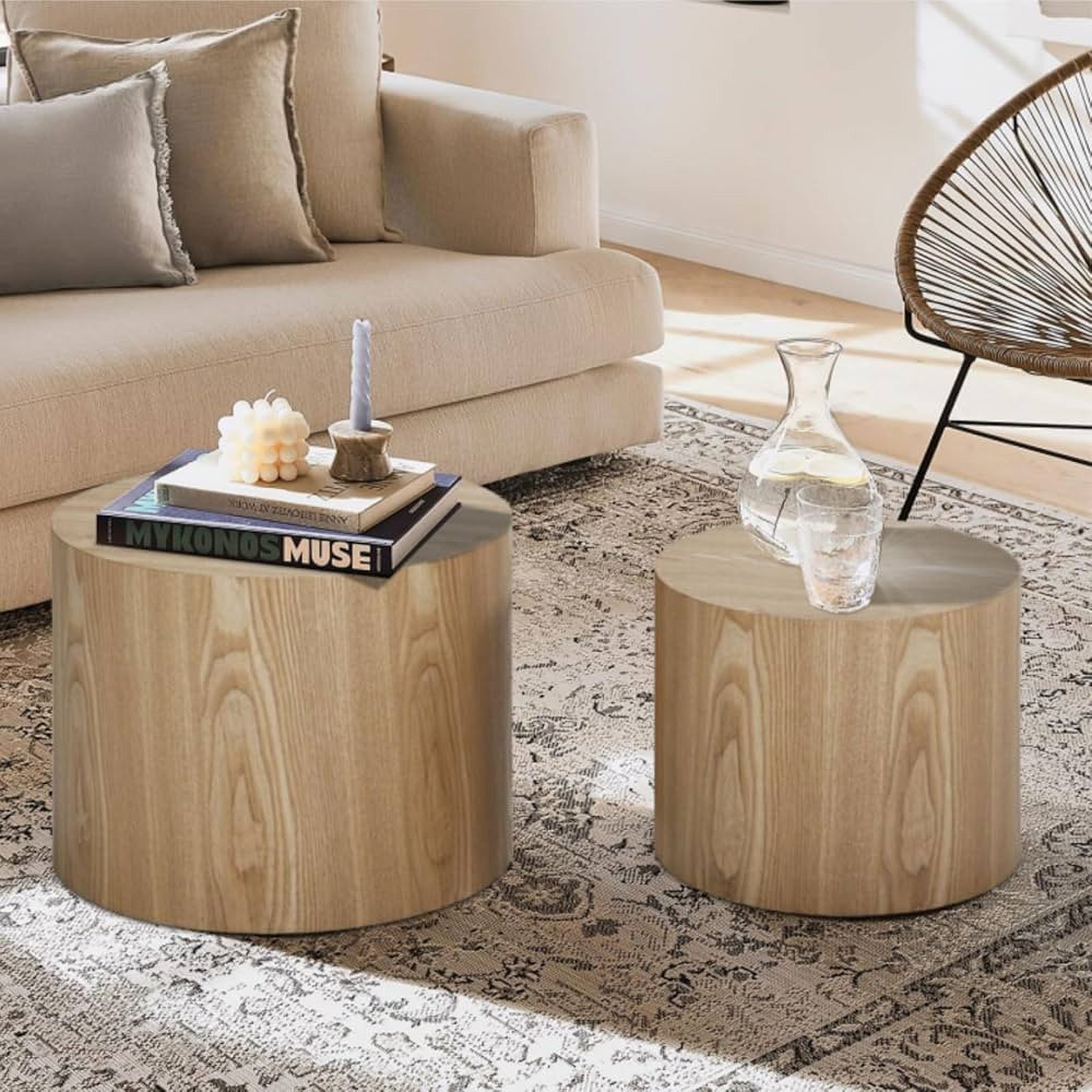 Nesting Coffee Table Set of 2 Round Side Table End Table for Living Room, Wood Circle Drum Coffee... | Amazon (US)