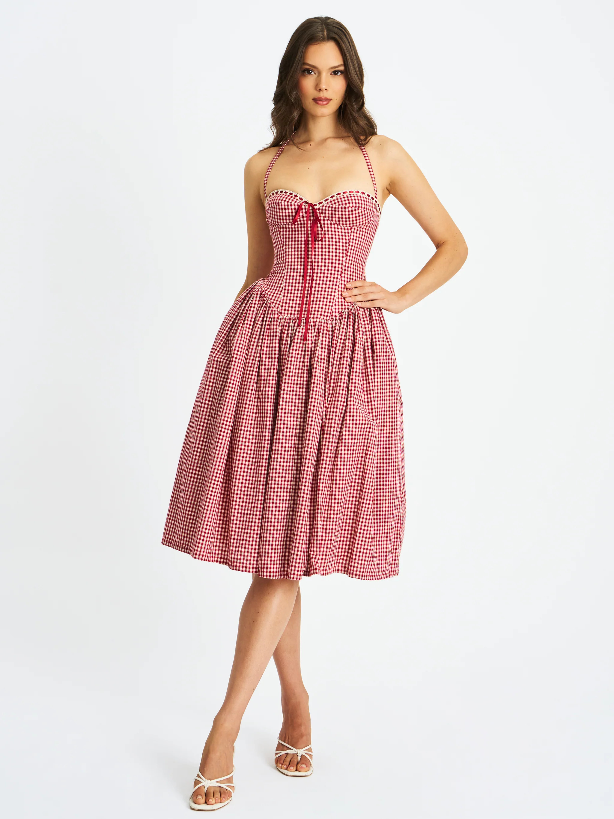 Susanna Red Gingham Halter Drop Waist Midi Dress | Miss Circle