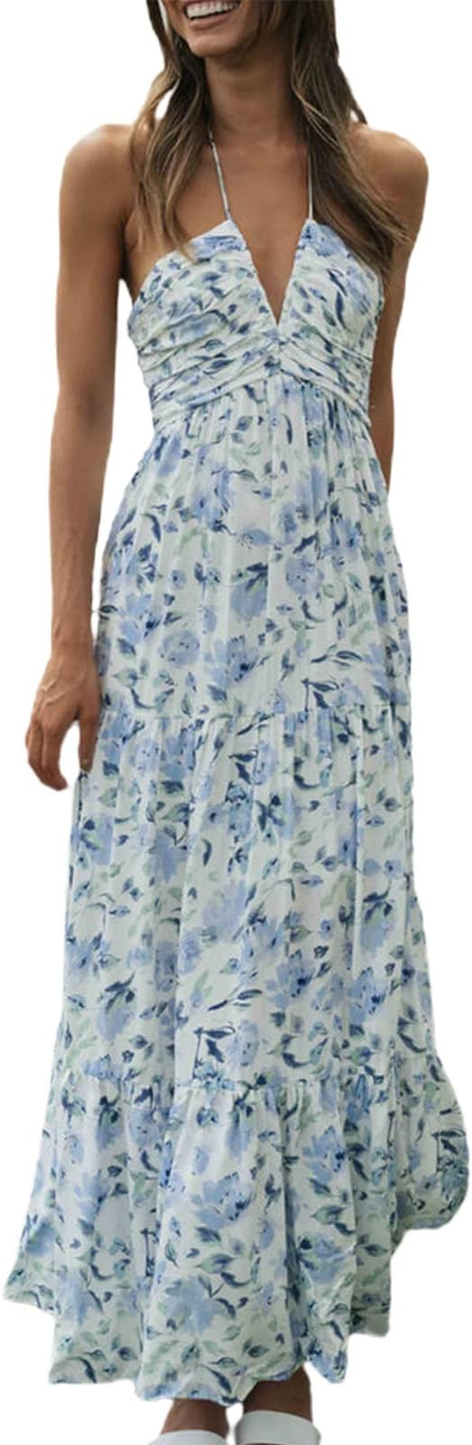 Women's Halter Neck Floral Maxi Dress 2024 Summer Boho Long Sundress Sexy Sleeveless Backless Flo... | Amazon (US)