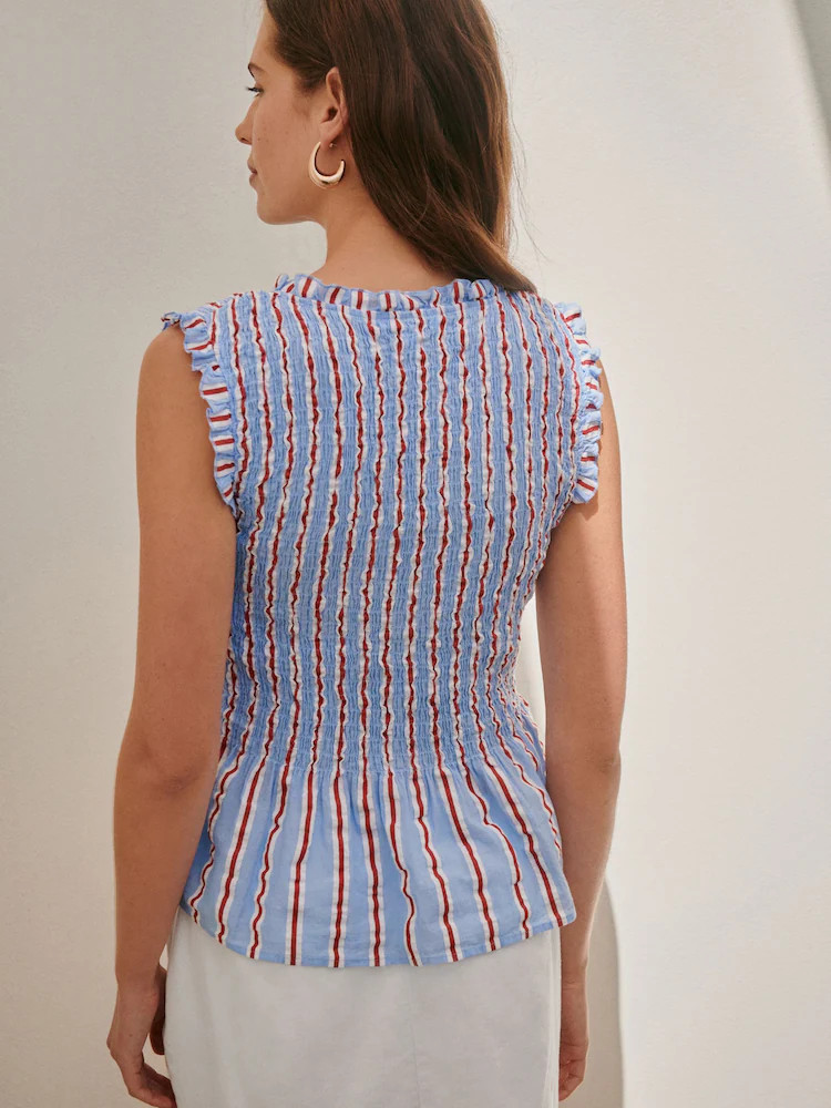 Red/Blue Stripe Smocked Tie Front V-Neck Top | Next EU