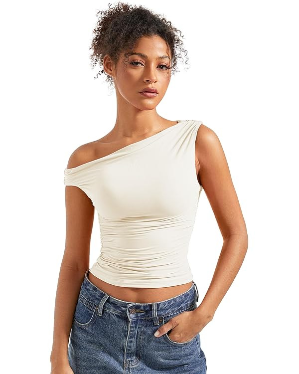SUUKSESS Women Off Shoulder Tops Sleeveless Shirts Y2K Going Out Crop Tank Top | Amazon (US)