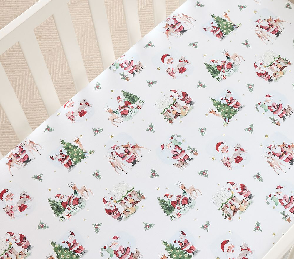 Holly Jolly Santa Organic Crib Fitted Sheet | Pottery Barn Kids
