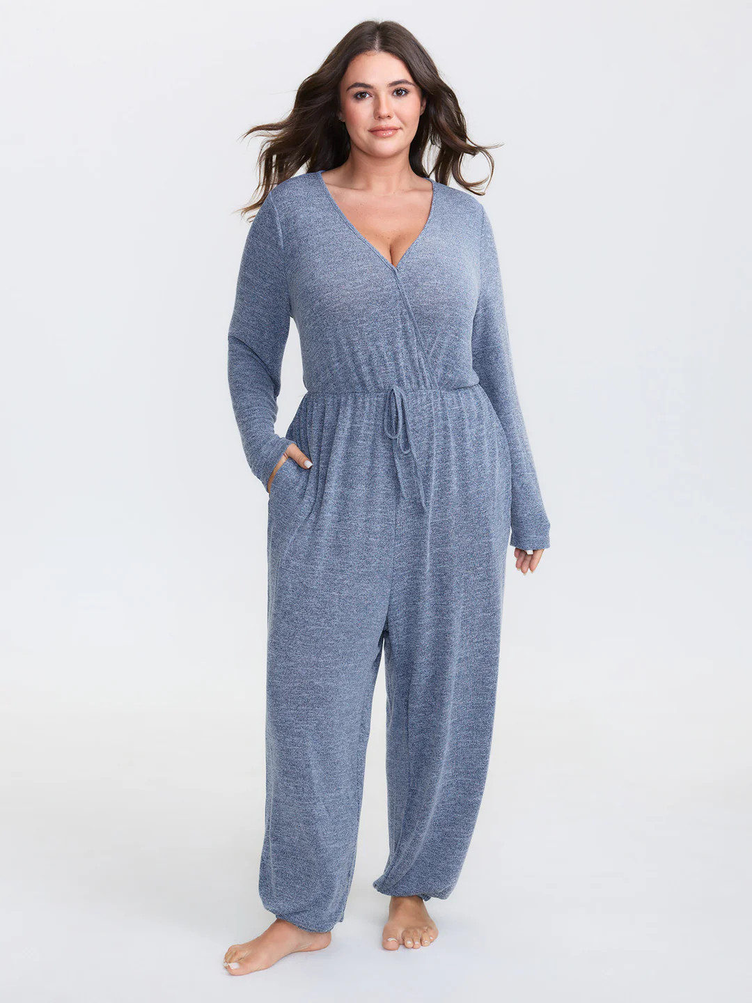 Elastic Waist Overlap Collar Lounge Jumpsuit | Bloomchic