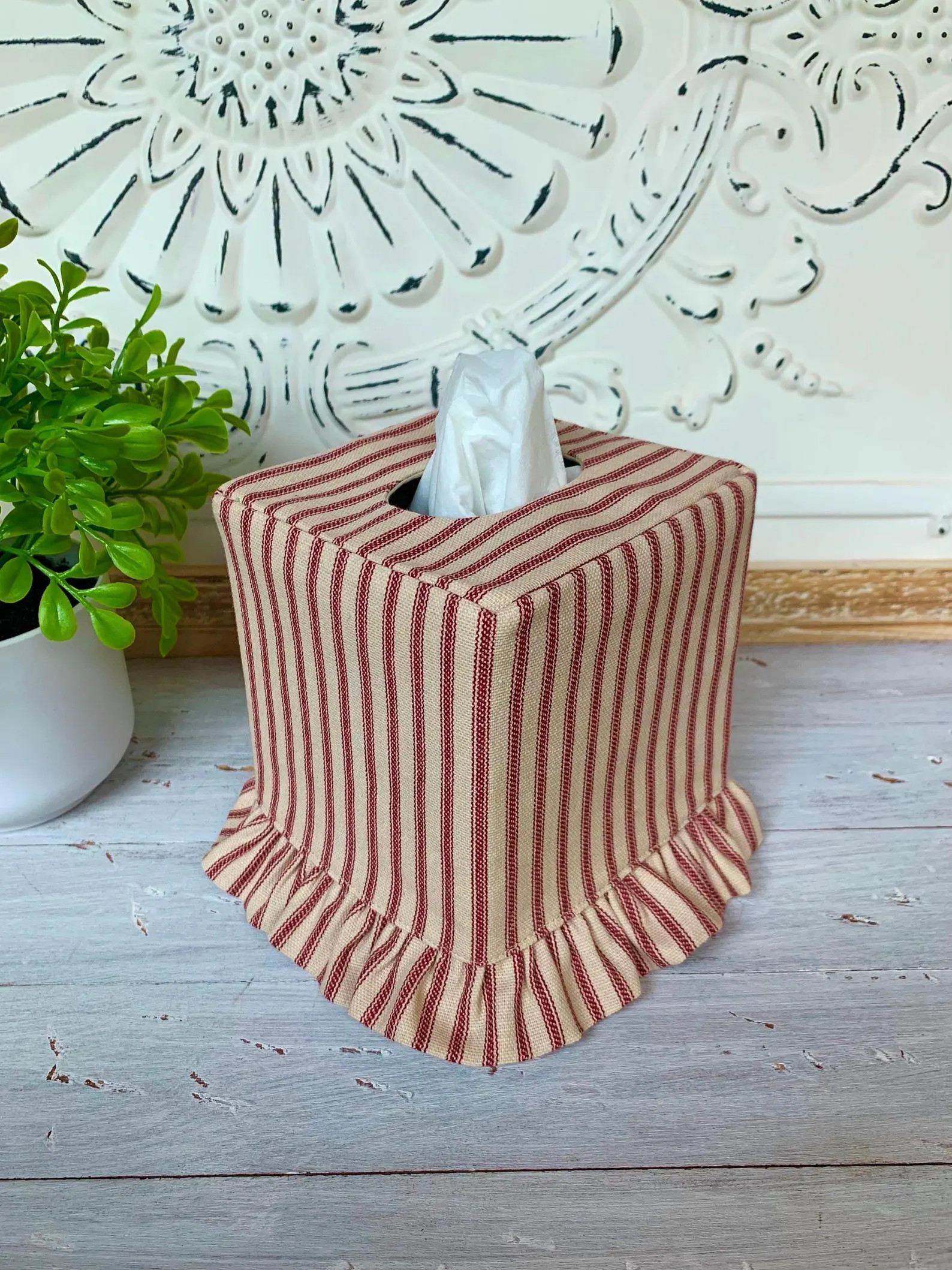 Red and Tan Stripe Ruffle Tissue Box Cover - Etsy | Etsy (US)