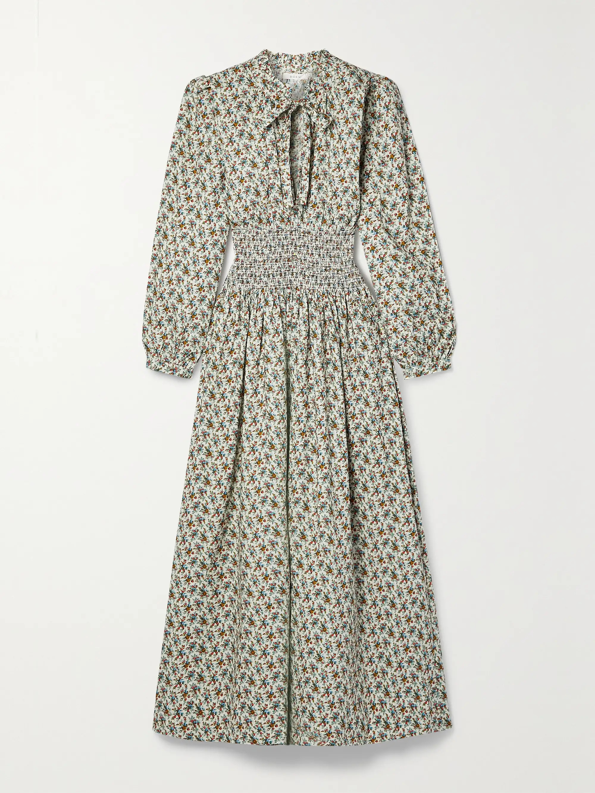 Cream Everly shirred floral-print cotton-poplin midi dress | DÔEN | NET-A-PORTER | NET-A-PORTER (US)