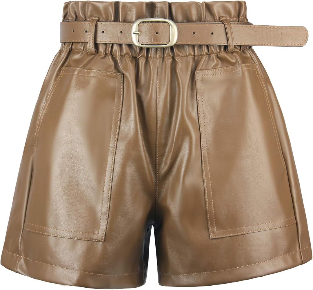 RAMISU Women's Casual Faux Leather Shorts High Waisted Elastic Band Belted Shorts Flared Leg Faux Le | Amazon (US)