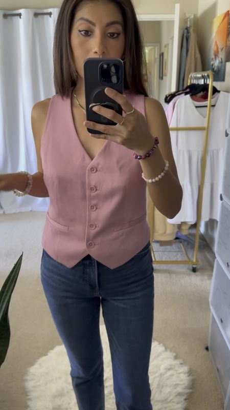 Express linen-blend cross back vest in pink size small. High waisted slim jeans size 0. Sandals size 8

Outfit of the day. Style. Pink. Denim. Sandals. Party outfit. Vest in pink. Slim jeans. Office wear. Vacation outfit. Comfortable. Downtown style. 

#LTKstyletip #LTKunder50 #LTKFind