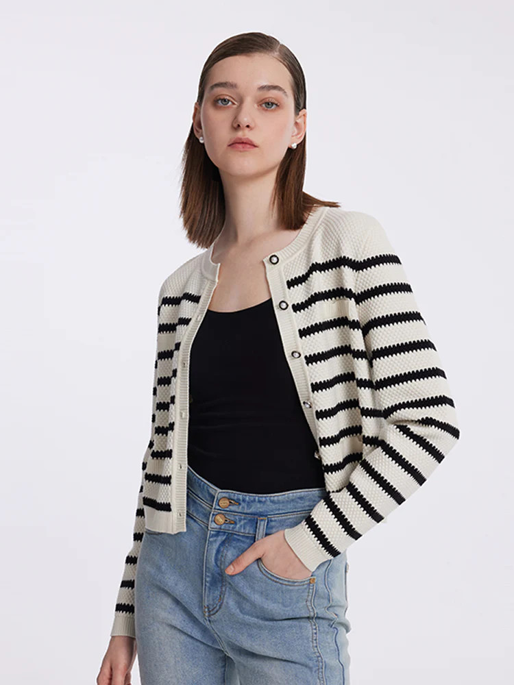 Striped Pearl Button Knitted Women Cardigan | GOELIA