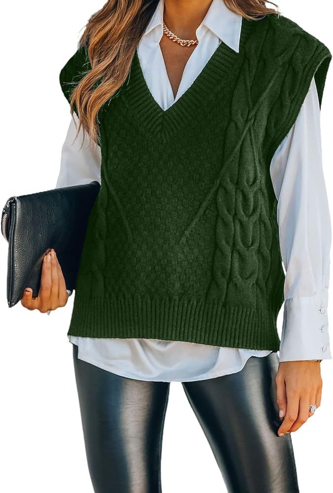 Actloe Womens V Neck Sleeveless Color Block Vintage Sweater Vest Pullover Tops | Amazon (US)