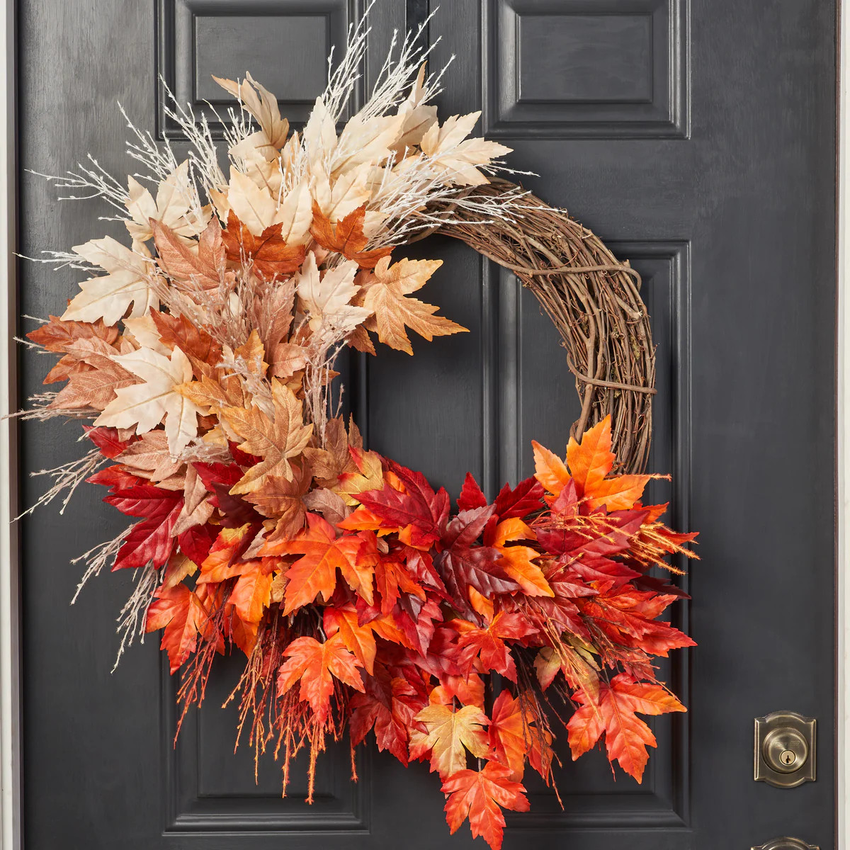 Fall Breeze & Autumn Leaves - Multicolored Ombre Maple Leaf & Pampas Grass Fall Front Door Asymme... | Darby Creek Trading