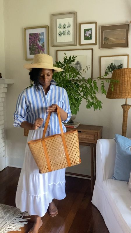 Coastal grandma chic style. Loving the blue and white linen/cotton blend button down and lightweight woven accessories. Top and lightweight sweater on sale 50% and makes the great beach, lunch, brunch, and coastal outfit 

#LTKfindsunder100 #LTKSeasonal #LTKsalealert