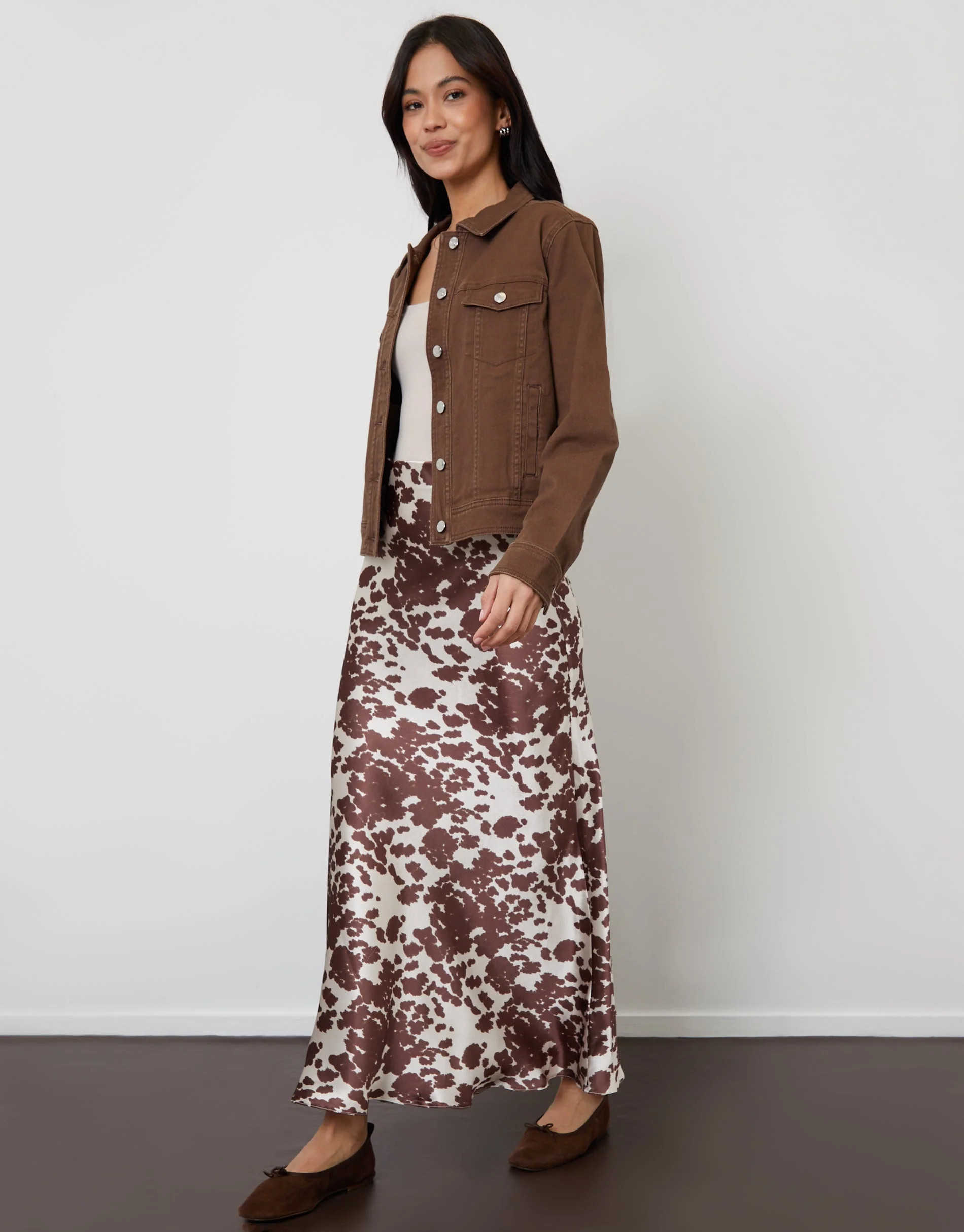 Cow Print Maxi Satin Slip Skirt | Threadbare
