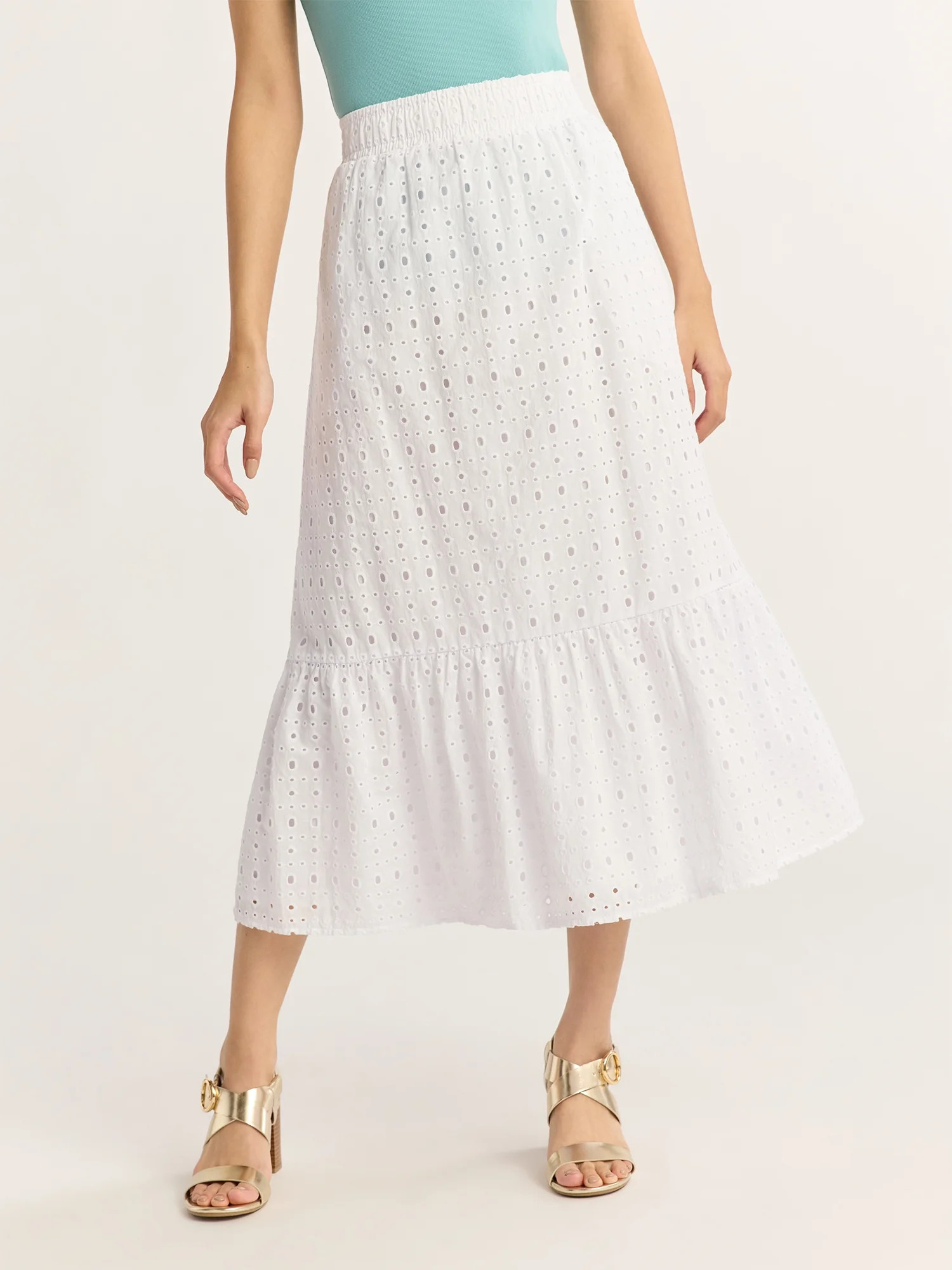 Time and Tru Woman's Cotton Eyelet Tiered Midi Skirt with Elastic Waistband, Sizes XS-XXXL | Walmart (US)
