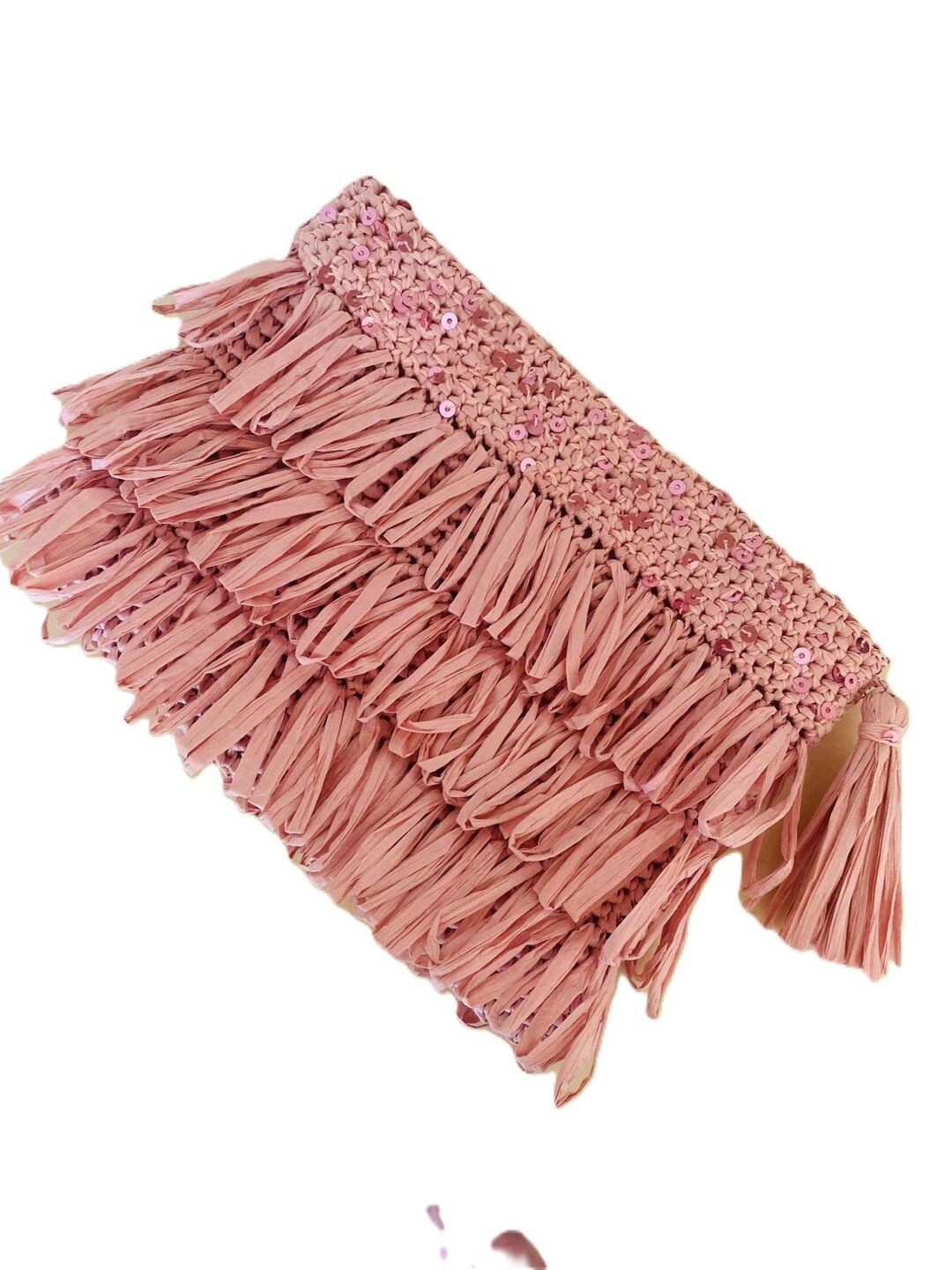 Handmade Pink Raffia Clutch: Sequin Fringe Party Bag | Etsy (US)