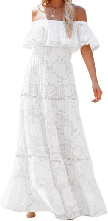BerryGo Women's Chic Burnout Off Shoulder Lace Maxi Dress Cotton Flowy Long Formal Dress for Wedd... | Amazon (US)