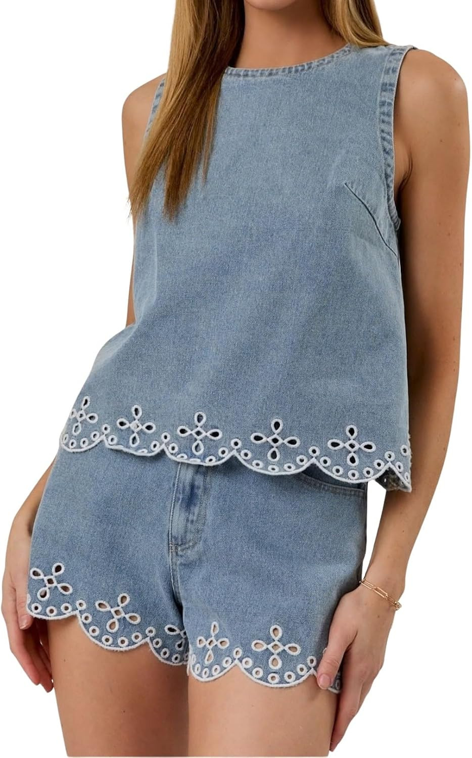 Women 2 Piece Denim Set Round Neck Sleeveless Eyelet Embroidered Hem Denim Top and Shorts Lounge Sets | Amazon (US)