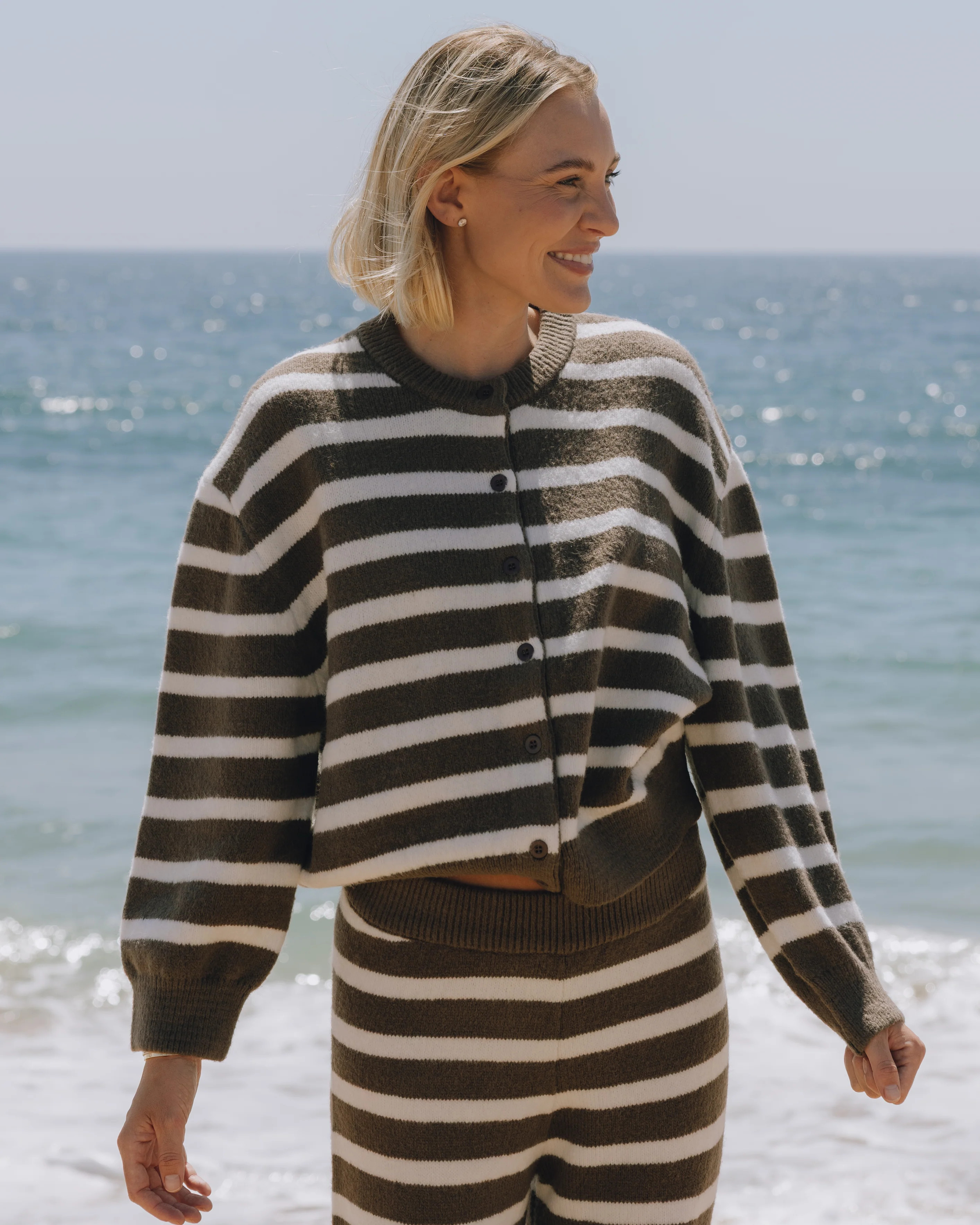 Button Up Sweater - Mocha + White Stripe | Daily Drills LLC