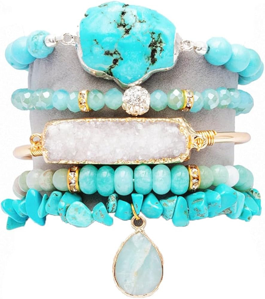 5PCS Natural Boho Beaded Bracelets Bangle for Women Men,Healing Turquoise Jasper Agate Crystal Ge... | Amazon (US)
