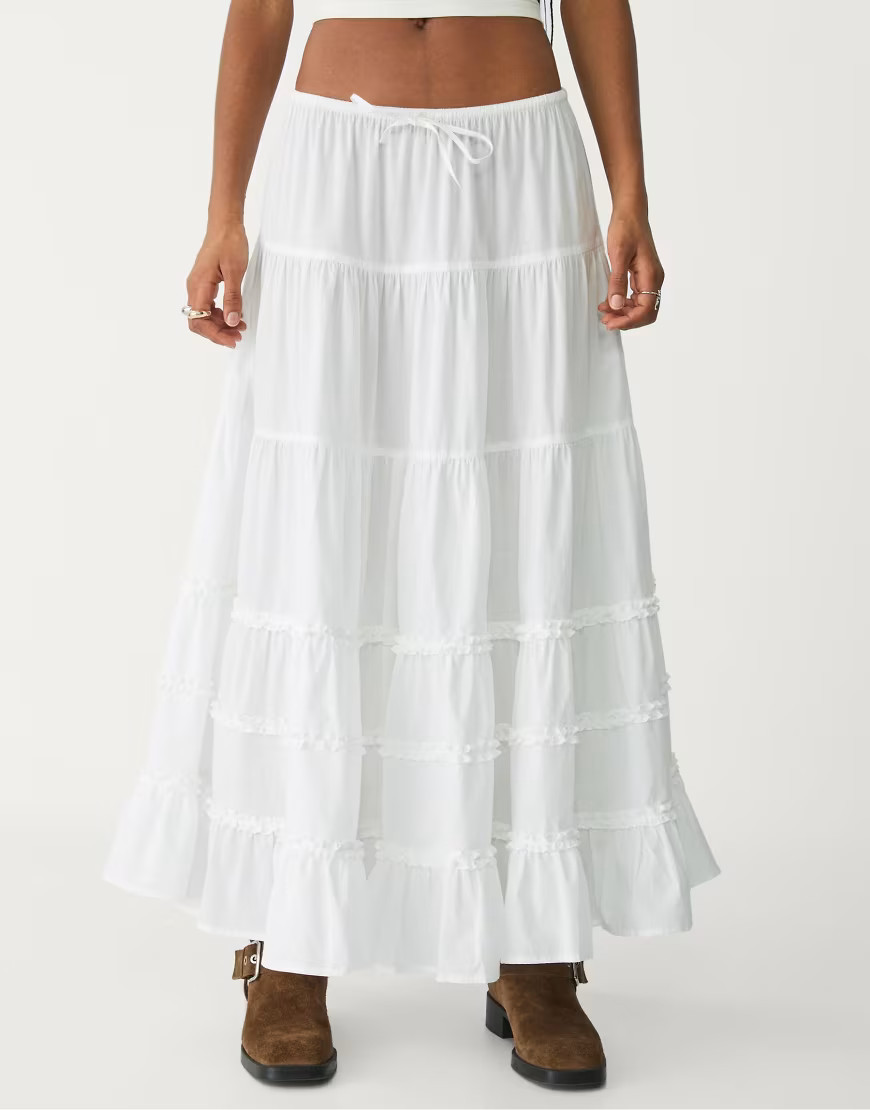 Stradivarius Ruffled long skirt in white | ASOS (Global)