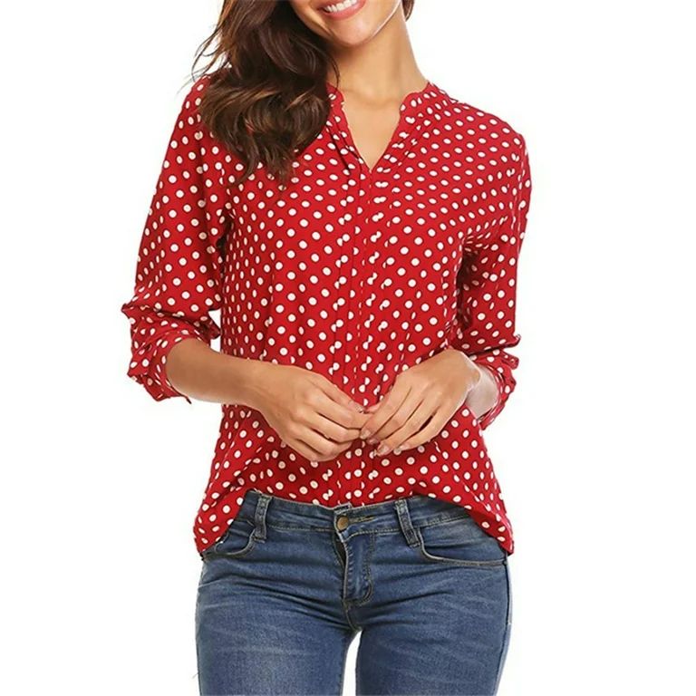 Women Henley V Neck T-Shirts Polka Dots Pullover Tops Long Sleeve Blouses Retro Casual Loose Tees... | Walmart (US)