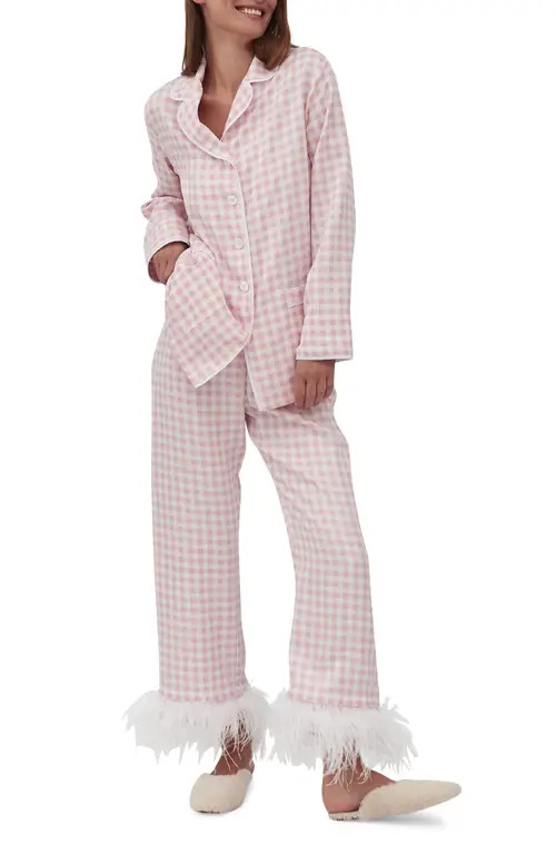 Sleeper Party Pajamas with Detachable Ostrich Feather Trim in Pink Vichy at Nordstrom, Size Medium | Nordstrom