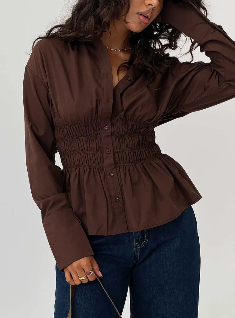 As You Are Shirred Button Up Top Chocolate | Princess Polly US