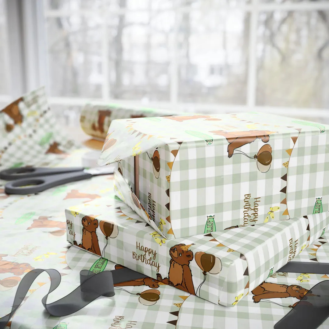 Little Bear Wrapping Paper | 1st Birthday Gift Wrap | 2000s TV Show Inspired | Green Checkered Be... | Etsy (US)