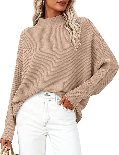 PRETTYGARDEN Womens Batwing Long Sleeve Sweaters Casual Mock Neck Ribbed Knit Cozy Pullover Sweat... | Amazon (US)