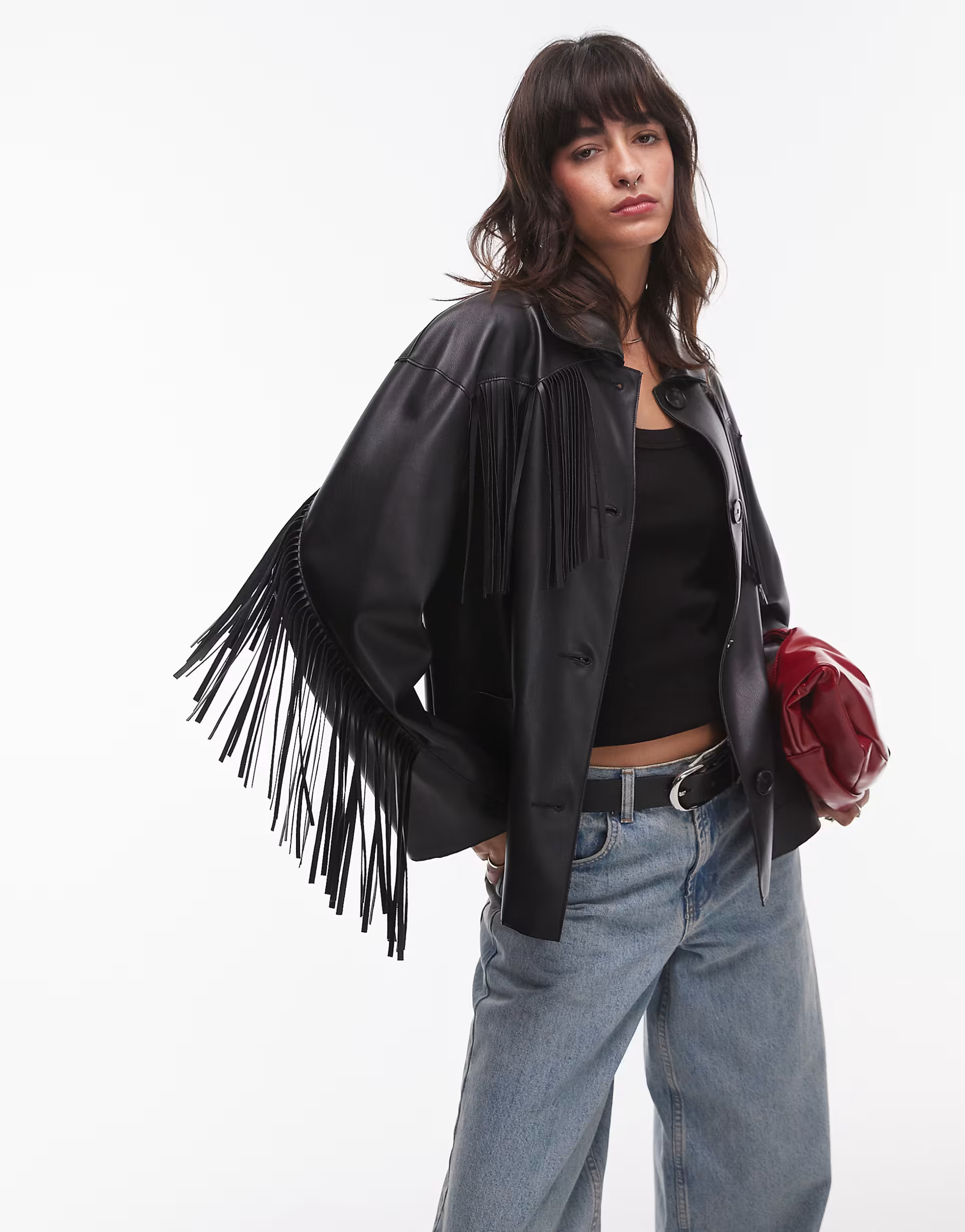 Mango tassle detail leather look shacket in black | ASOS | ASOS (Global)