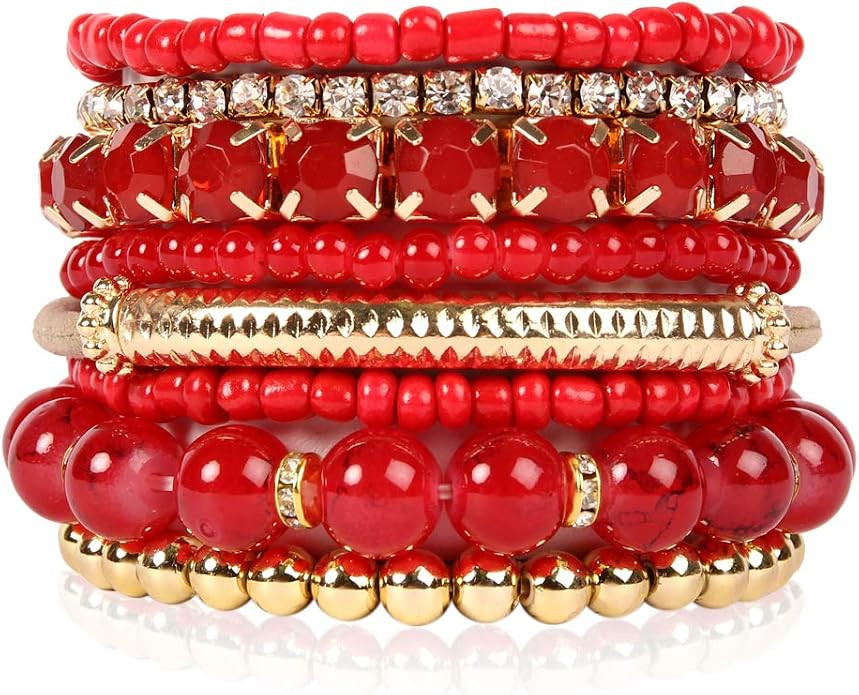 RIAH FASHION Multi Color Stretch Beaded Stackable Bracelets - Layering Bead Strand Statement Wrap... | Amazon (US)