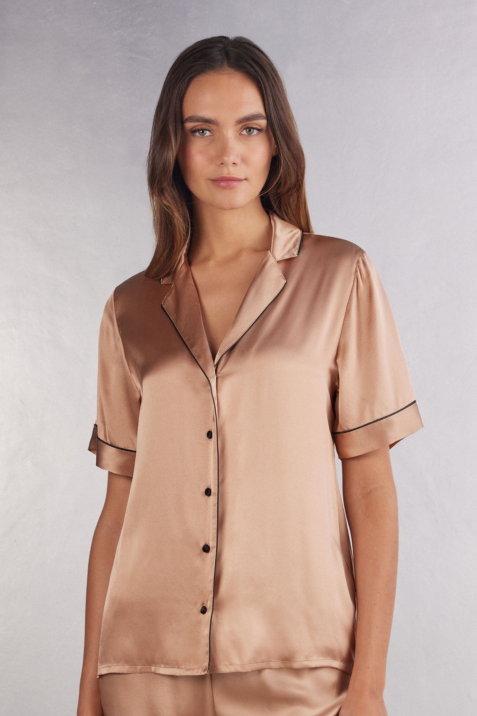 Short Sleeve Silk Shirt with Contrast Trim | Intimissimi (US)
