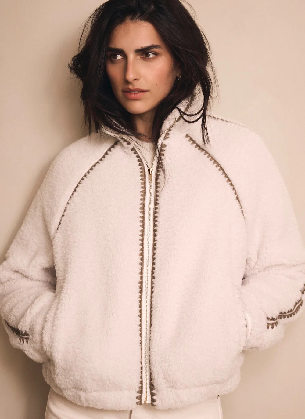 Cream Whipstitch Detail Borg Jacket | Mint Velvet