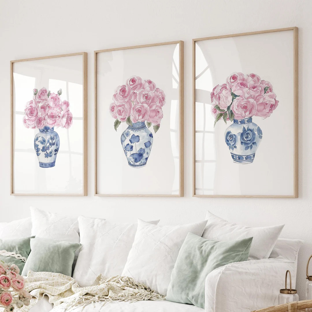 Blue Chinoiserie Art Print Set: Watercolor Roses & Porcelain Vase - Etsy | Etsy (Global)