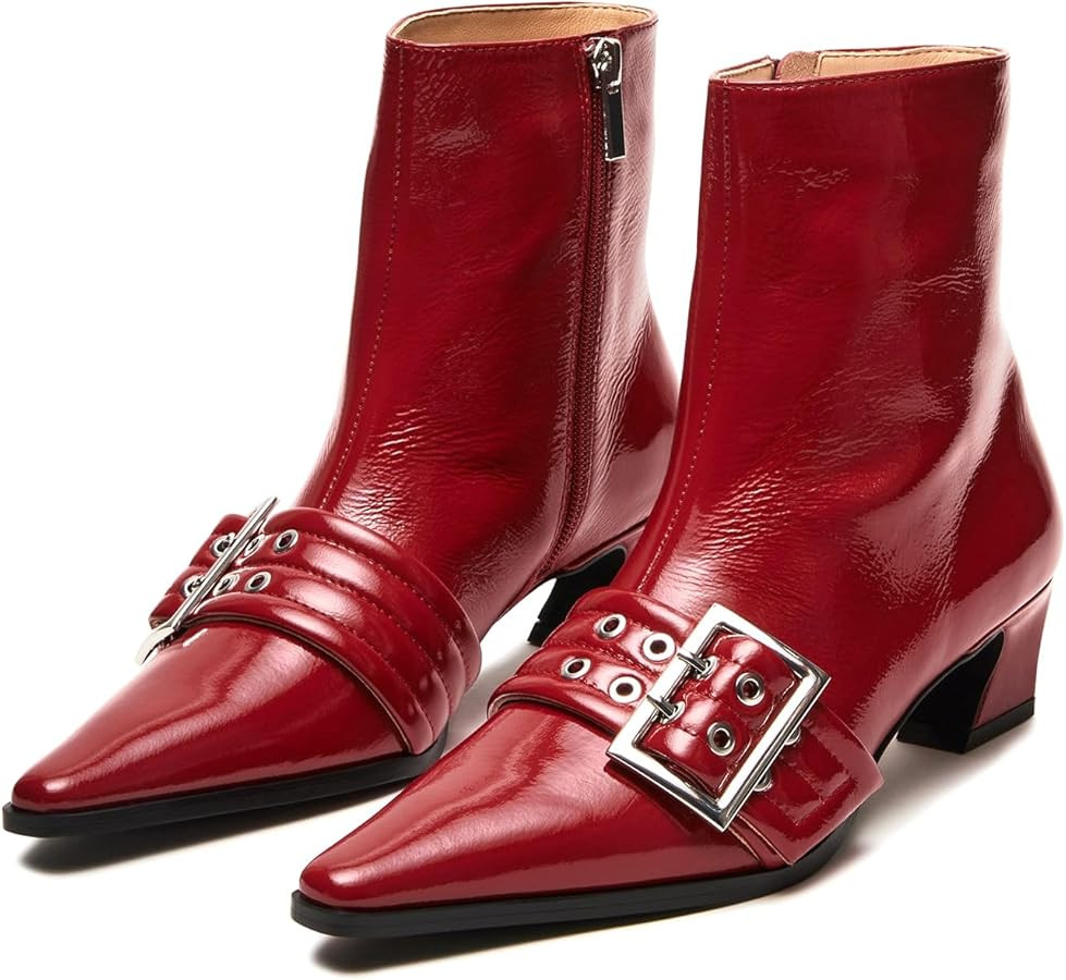 Vaslemuse Women Booties Buckle Ankle Boots Kitten Low Heel Eyelet Booties Sexy Pointy Toe Fashion... | Amazon (US)