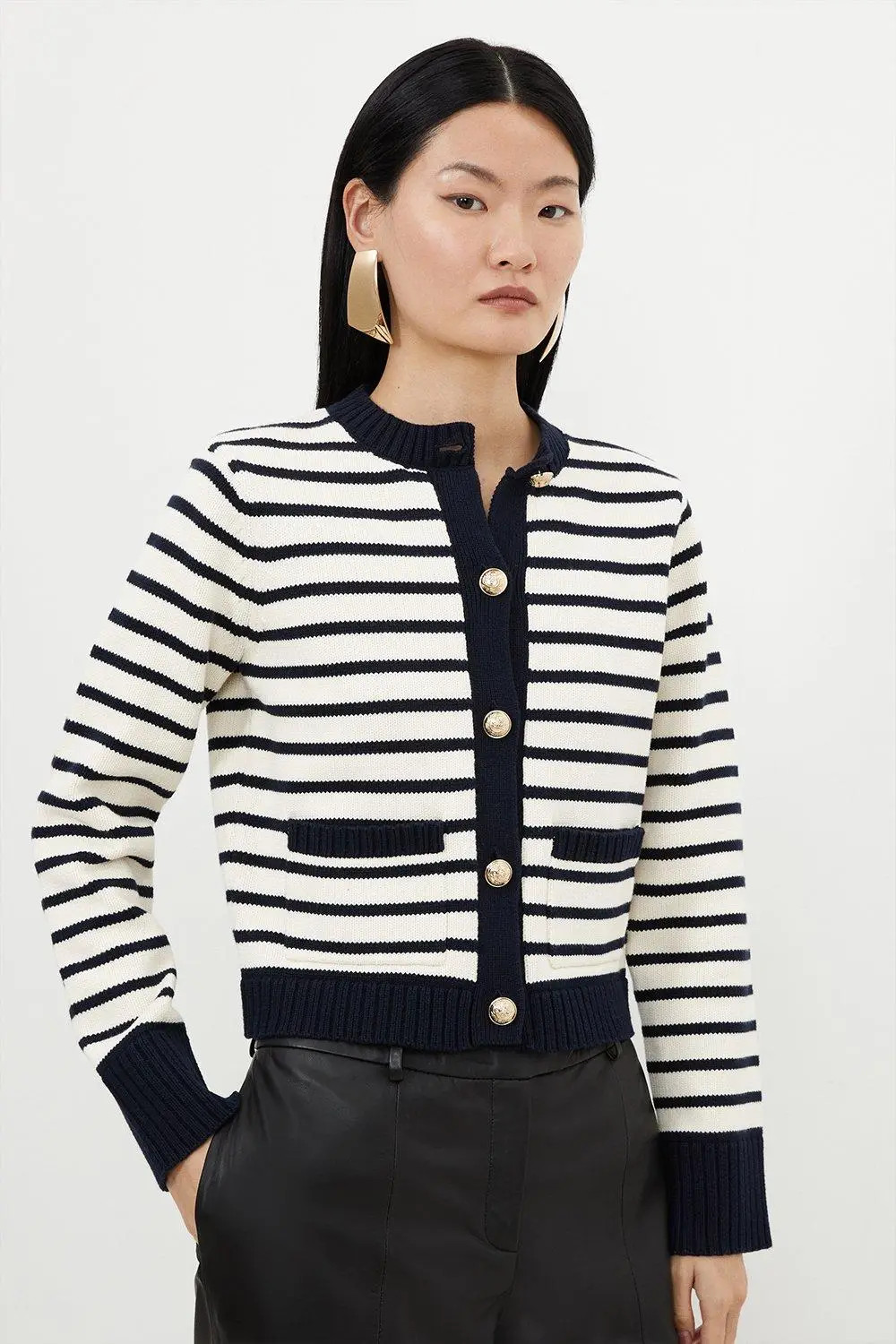 Cotton Cropped Knit Boxy Striped Cardigan | Karen Millen UK + IE + DE + NL