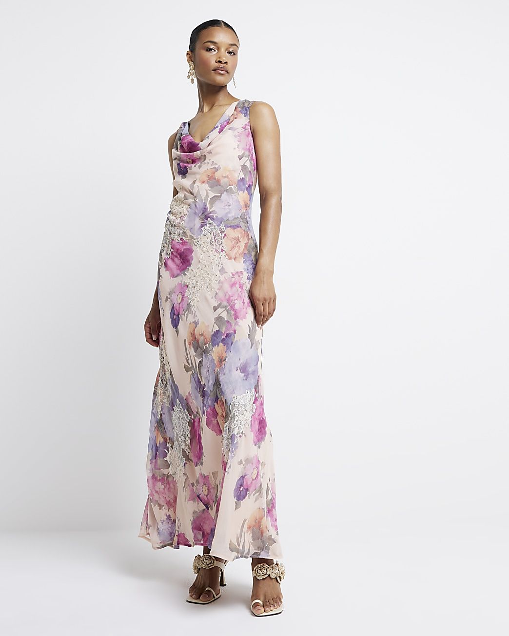 Pink floral cowl neck slip maxi dress | River Island (UK & IE)