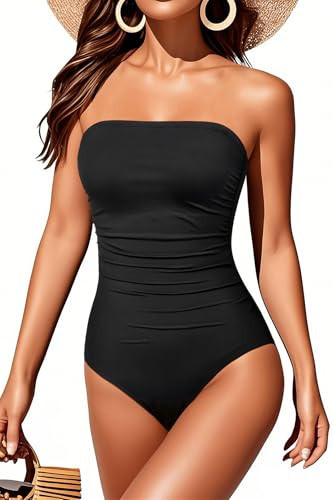 Holipick Women Black One Piece Swimsuits Tummy Control Bathing Suits Halter Strapless Bandeau Swimwear 28 Plus | Amazon (US)