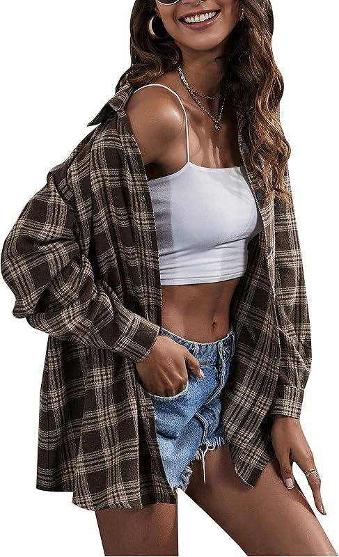 Wanzetaly Womens Casual Oversized Flannel Plaid Button Down Long Sleeve Shirts 2023 Fashion Blous... | Amazon (US)