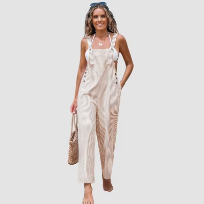 Cupshe Women's Blue Striped Square Neck Straight Leg Overalls-M-Brown | Target