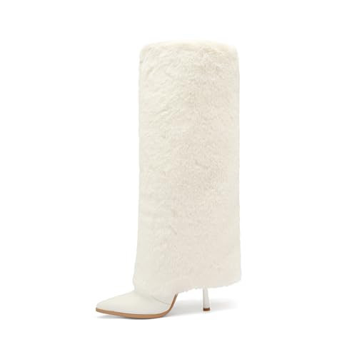 Tsrenlmln Faux Fur Boots Furry Fur Boots Winter Warm Plush Surface high heel Shoes white 10in | Amazon (US)