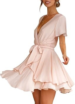 Cosonsen Women's Dress Deep V-Neck Long Sleeve Waist Tie Ruffle Mini Swing Skater Dresses | Amazon (US)