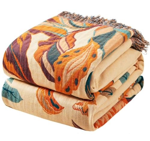 Ffdshc Fall Boho Throw Blanket for Bed 80"x90", 100% Cotton Boho Throws for Couch Sofa, Ultra Soft 4-Layers Woven Muslin Blanket with Floral Printed for All Season,Farmhouse Throws Bed Chair Cover | Amazon (US)
