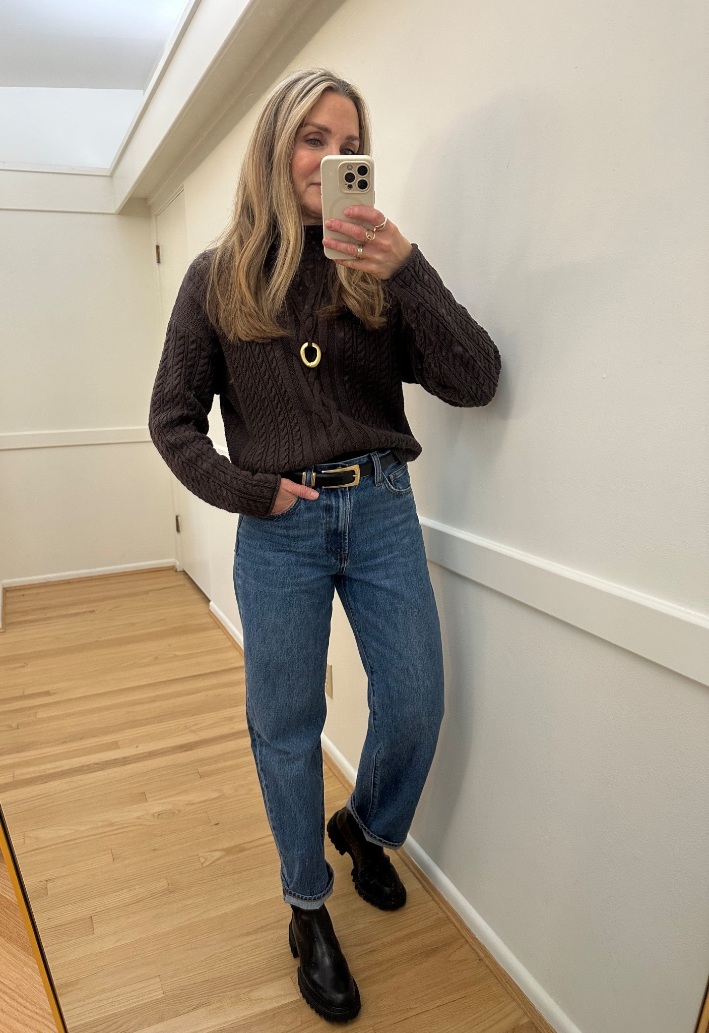 Outfit of the day! Velvet Heart brown sweater is on sale, wearing a small. Loving these new Denim Forum jeans from Aritzia! Size 26. Heaven Mayhem cord necklace was a Christmas gift from Krista, I love it! Madewell belt and lug sole Chelsea boots finish off the look!

#LTKOver40 #LTKFindsUnder100 #LTKootd