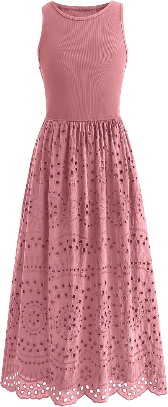 dowerme Women Summer Dresses 2026 Casual Sleeveless Crewneck A-Line Boho Lace Eyelet Cotton Tank ... | Amazon (US)