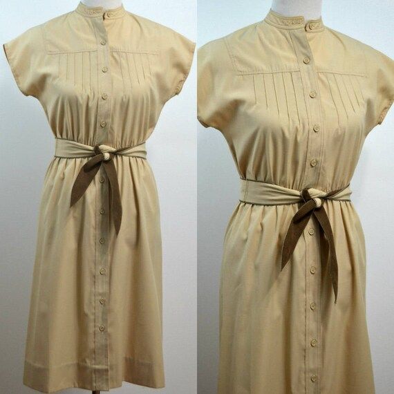 Medium | Khaki | Two Tone | Color Block | Vintage 1970s Leslie Fay Safari Dress Mandarin Collar Midi | Etsy (US)
