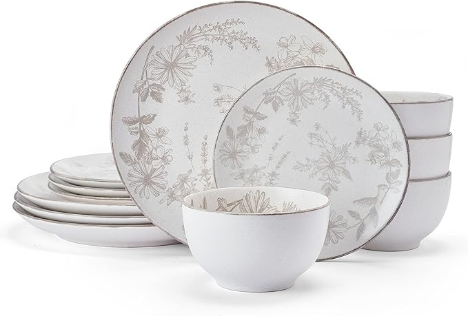 Pfaltzgraff Enchanted Bloom Floral Grey 12 Piece Dinnerware Plate Bowl Set, Service for 4 | Amazon (US)