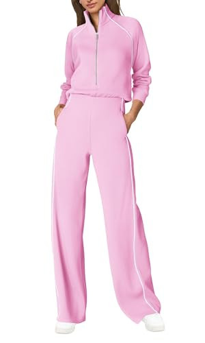 SENSERISE Womens Jumpsuits Casual Long Sleeve One Piece Jumpsuit Wide Leg Mock Neck Airport Travel Outfits with Pockets(Light Pink,M) | Amazon (US)